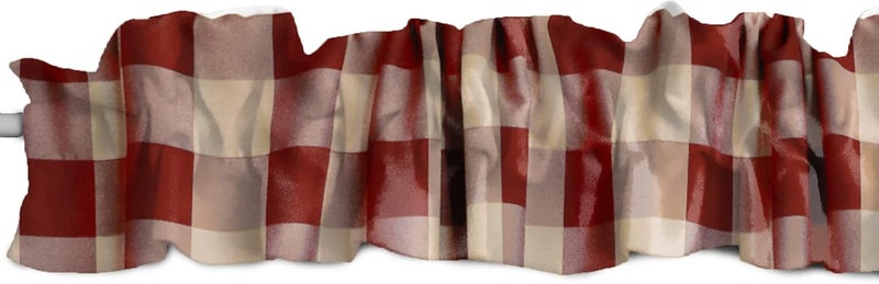 Poplin Buffalo Gingham Checkered Sleeve Topper Window Valance Top Bottom Ruffle Country Farmhouse Home Décor Bedroom Nursery Kitchen Window (144" Wide x 9" Tall, Burgundy Beige)